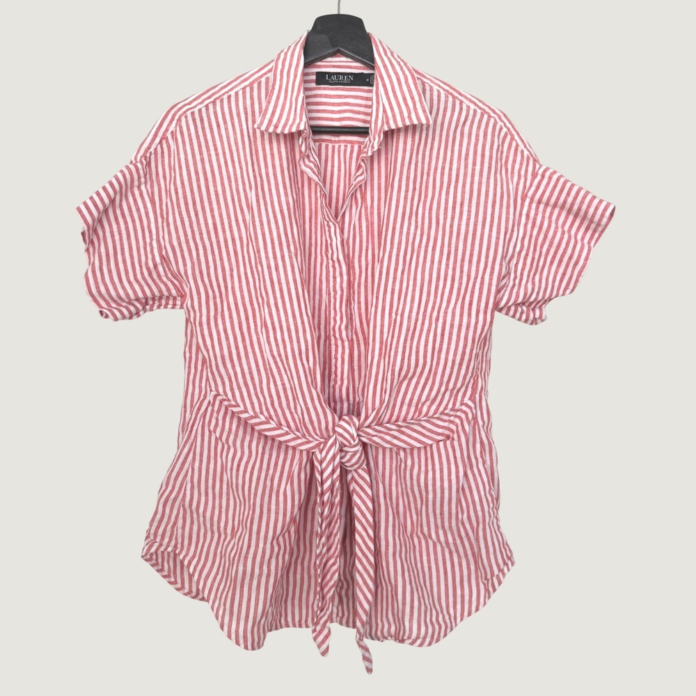 Lauren Ralph Lauren Red White Striped Linen Tie Front Short Sleeve Shirt M